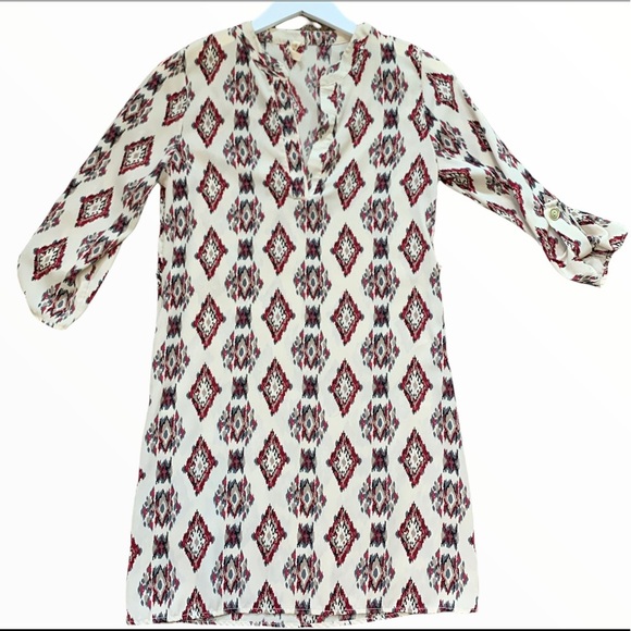 MY BELOVED Boho V Cut Geo Diamond Print Tunic Dress With V Cut Ivory/Red Medium - Picture 1 of 10